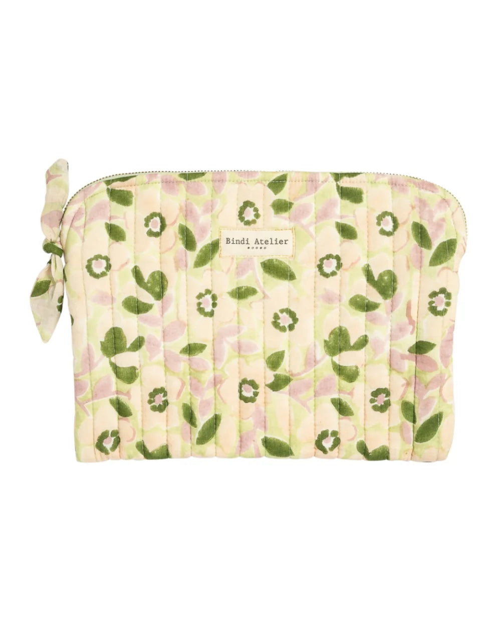 Green floral quilted iPad pouch by Bindi Atelier with soft botanical print and zip closure