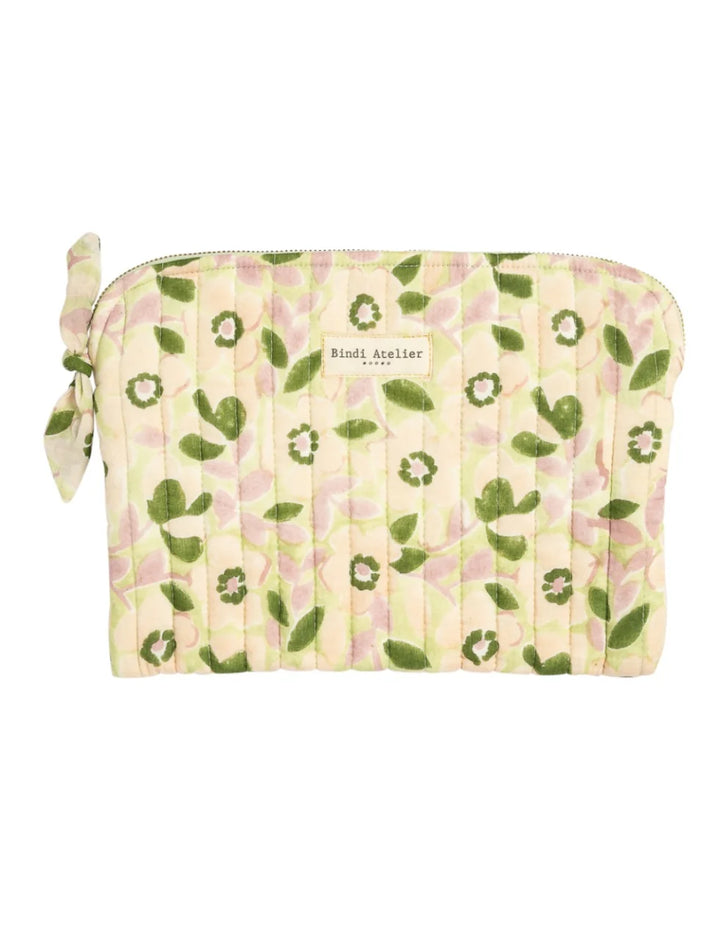 Green floral quilted iPad pouch by Bindi Atelier with soft botanical print and zip closure