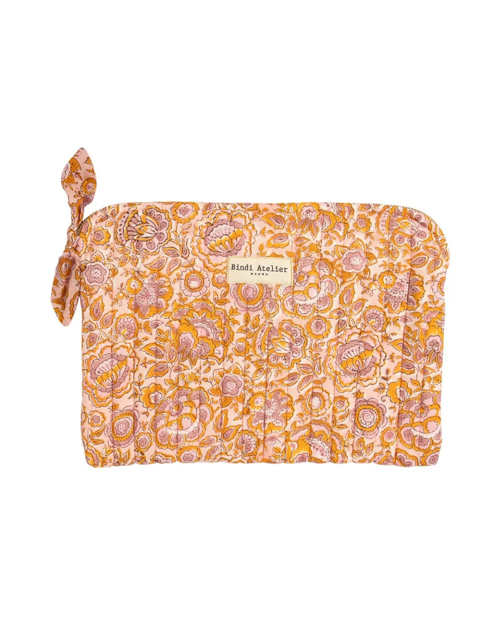 Pink floral quilted iPad pouch by Bindi Atelier with bohemian blockprint pattern and zip closure