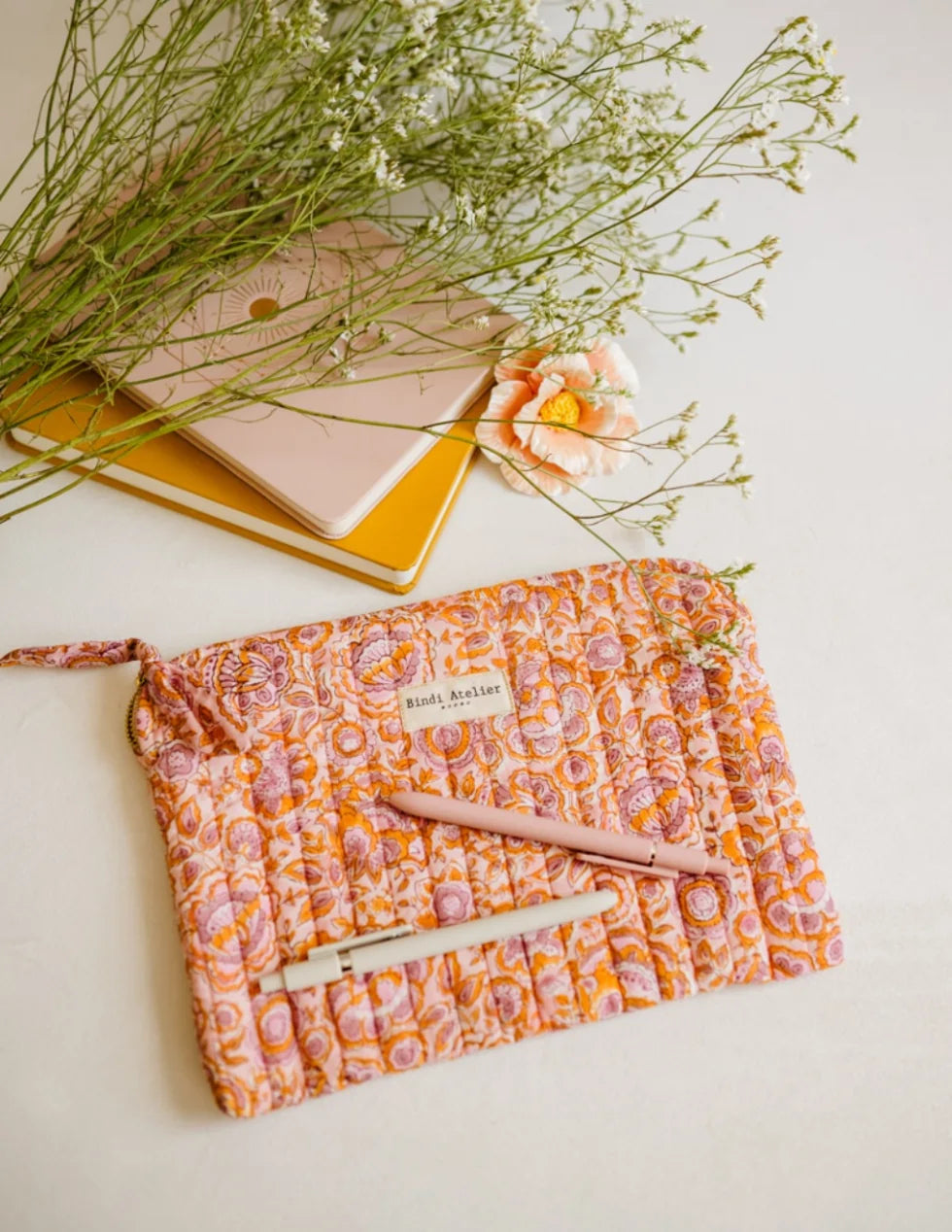 Pink floral quilted iPad pouch by Bindi Atelier with bohemian blockprint pattern and zip closure