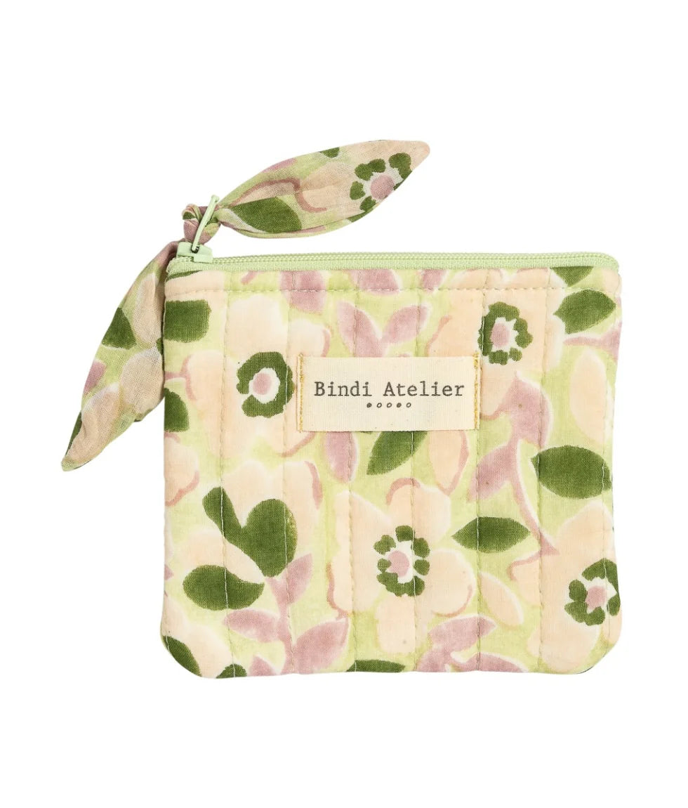 Small quilted green floral coin purse by Bindi Atelier with soft botanical print and zip closure