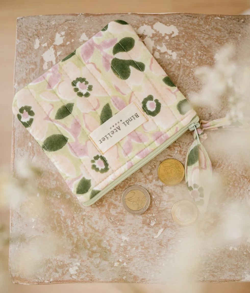 Small quilted green floral coin purse by Bindi Atelier with soft botanical print and zip closure