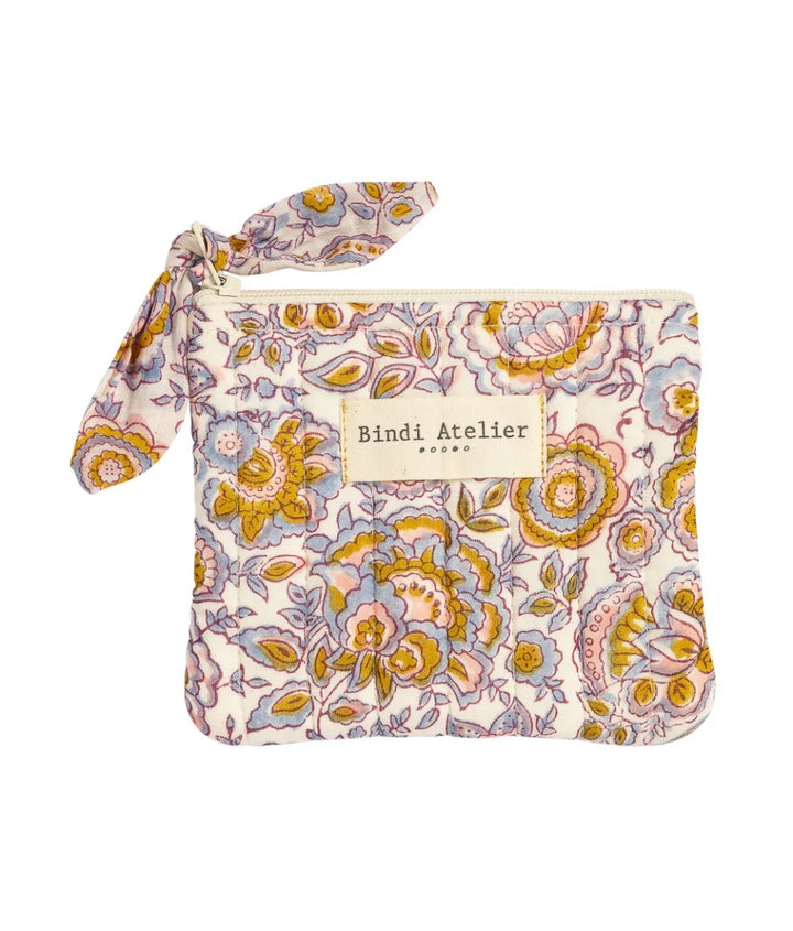 Small quilted blue floral coin purse by Bindi Atelier with handcrafted blockprint pattern and zip closure