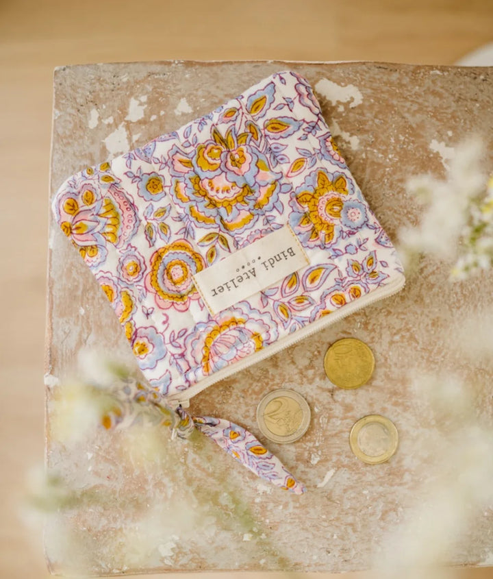 Small quilted blue floral coin purse by Bindi Atelier with handcrafted blockprint pattern and zip closure
