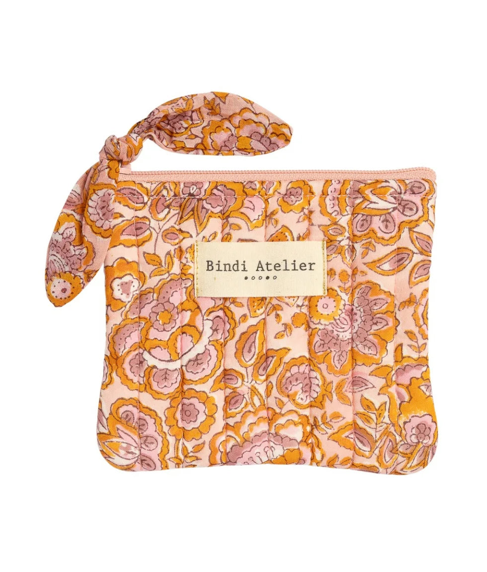 Small quilted pink floral coin purse by Bindi Atelier with bohemian blockprint pattern and zip closure