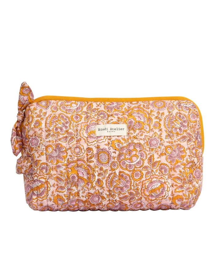 Floral quilted beauty pouch by Bindi Atelier in pink and ochre vintage floral print