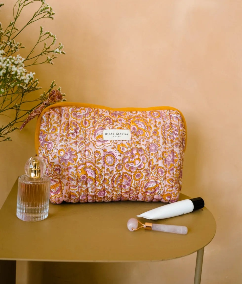 Floral quilted beauty pouch by Bindi Atelier in pink and ochre vintage floral print
