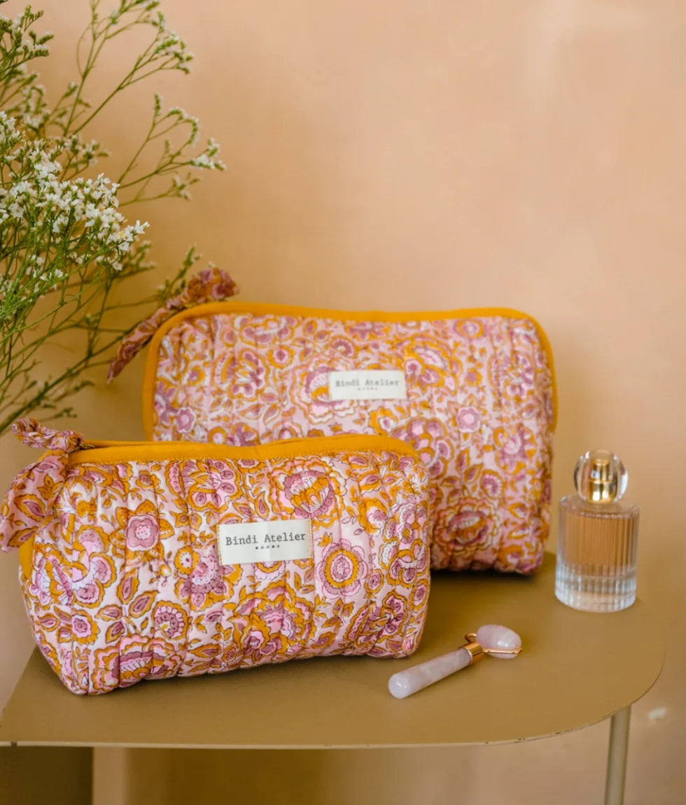 Floral quilted beauty pouch by Bindi Atelier in pink and ochre vintage floral print