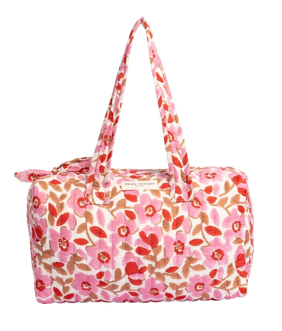 Pink floral quilted cotton vanity bag for beauty and baby essentials