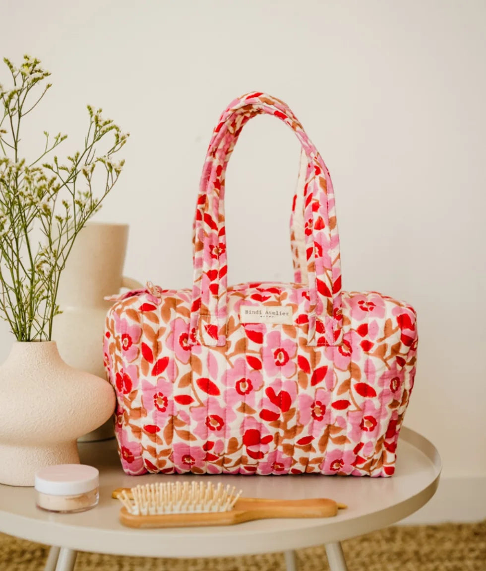 Pink floral quilted cotton vanity bag for beauty and baby essentials