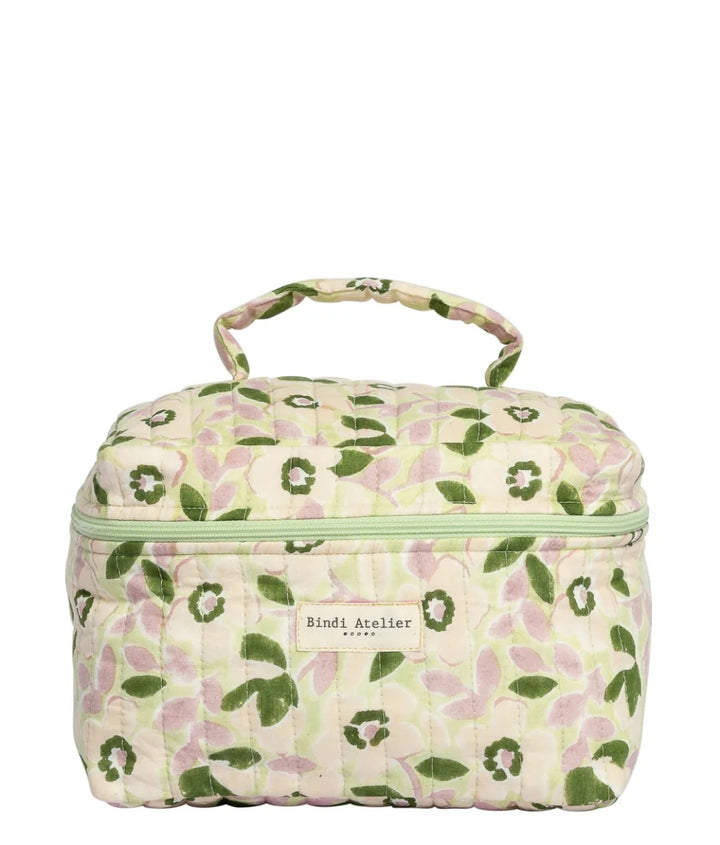 Green floral quilted vanity case by Bindi Atelier with top handle and zip closure