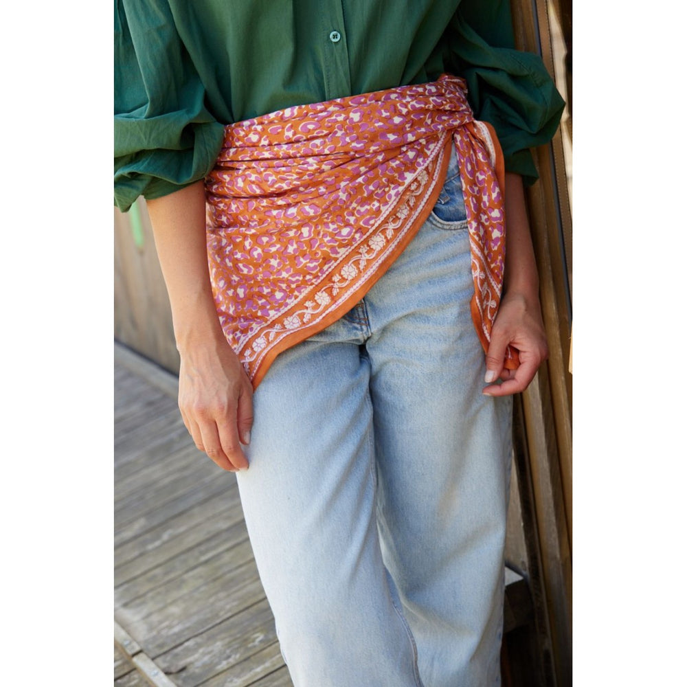 Bonheur du Jour Leopard Cuivre cotton scarf with hand block-printed leopard design