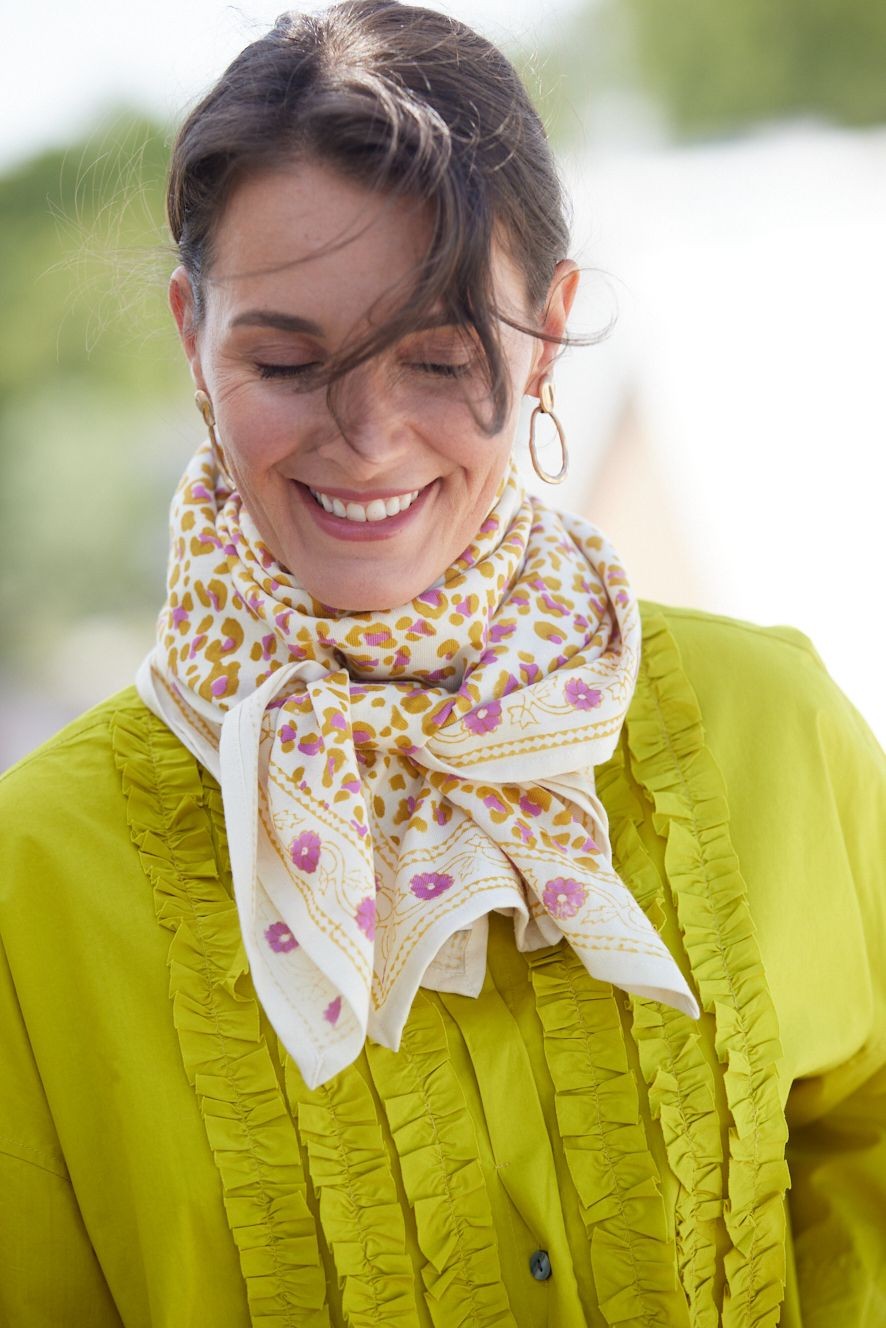 Bonheur du Jour Leopard Ecru Kiwi cotton scarf with hand block-printed design