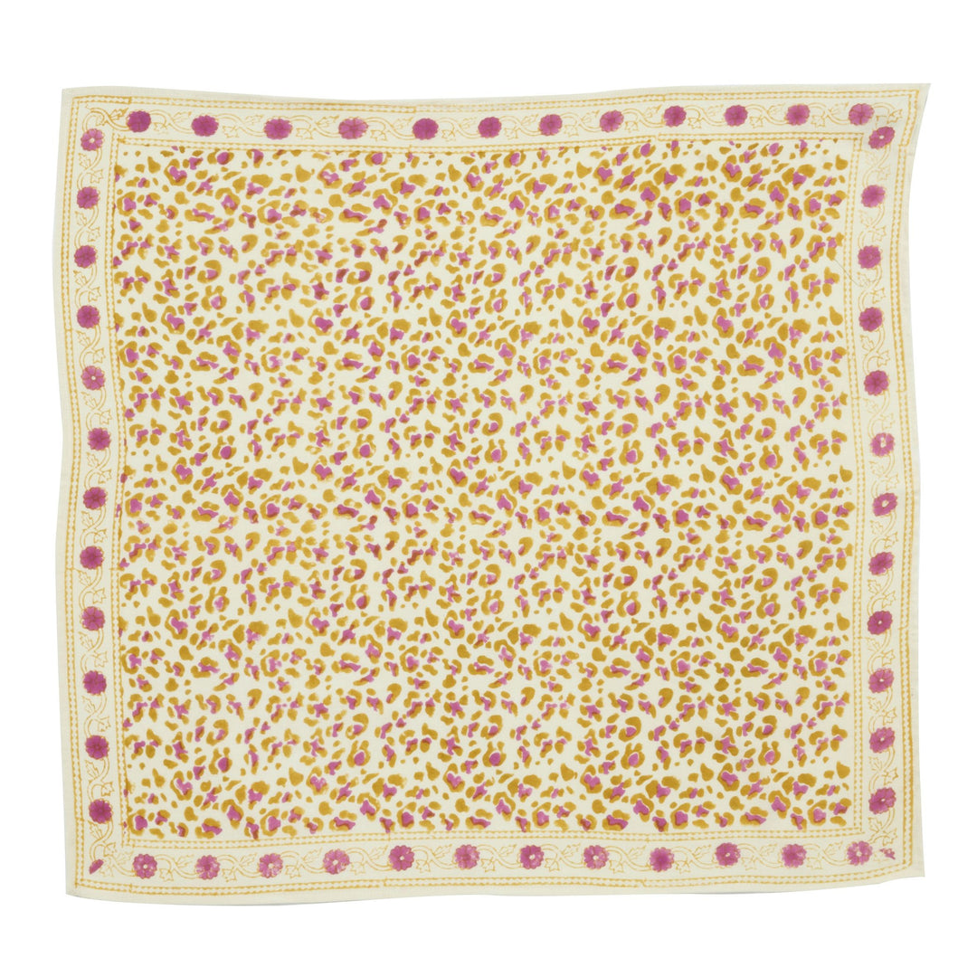 Bonheur du Jour Leopard Ecru Kiwi cotton scarf with hand block-printed design