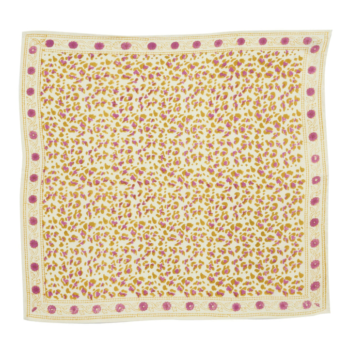 Bonheur du Jour Leopard Ecru Kiwi cotton scarf with hand block-printed design
