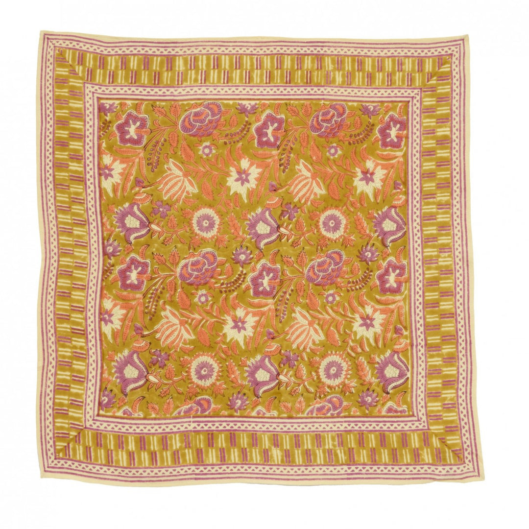Bonheur du Jour Nehru Kiwi cotton scarf with hand block-printed floral design