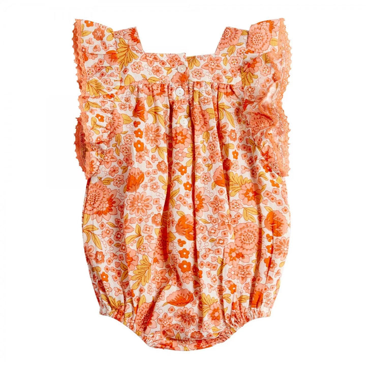 Bonheur du Jour Lionetta ecru rose floral baby romper with ruffle sleeves
