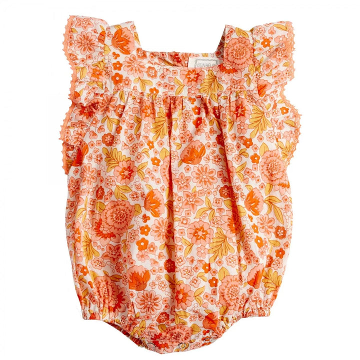 Bonheur du Jour Lionetta ecru rose floral baby romper with ruffle sleeves
