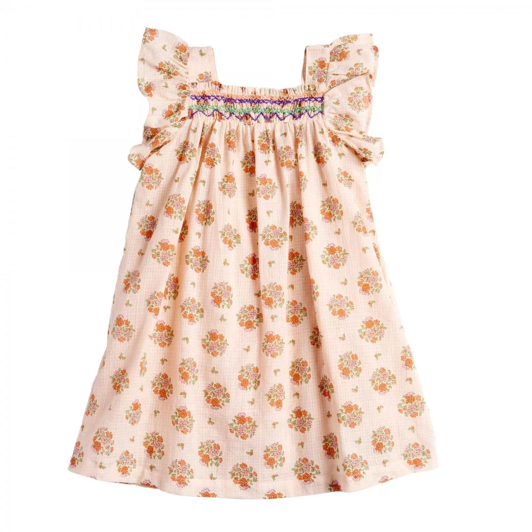 Bonheur du Jour Antigua rose dress with floral print and handmade smocking
