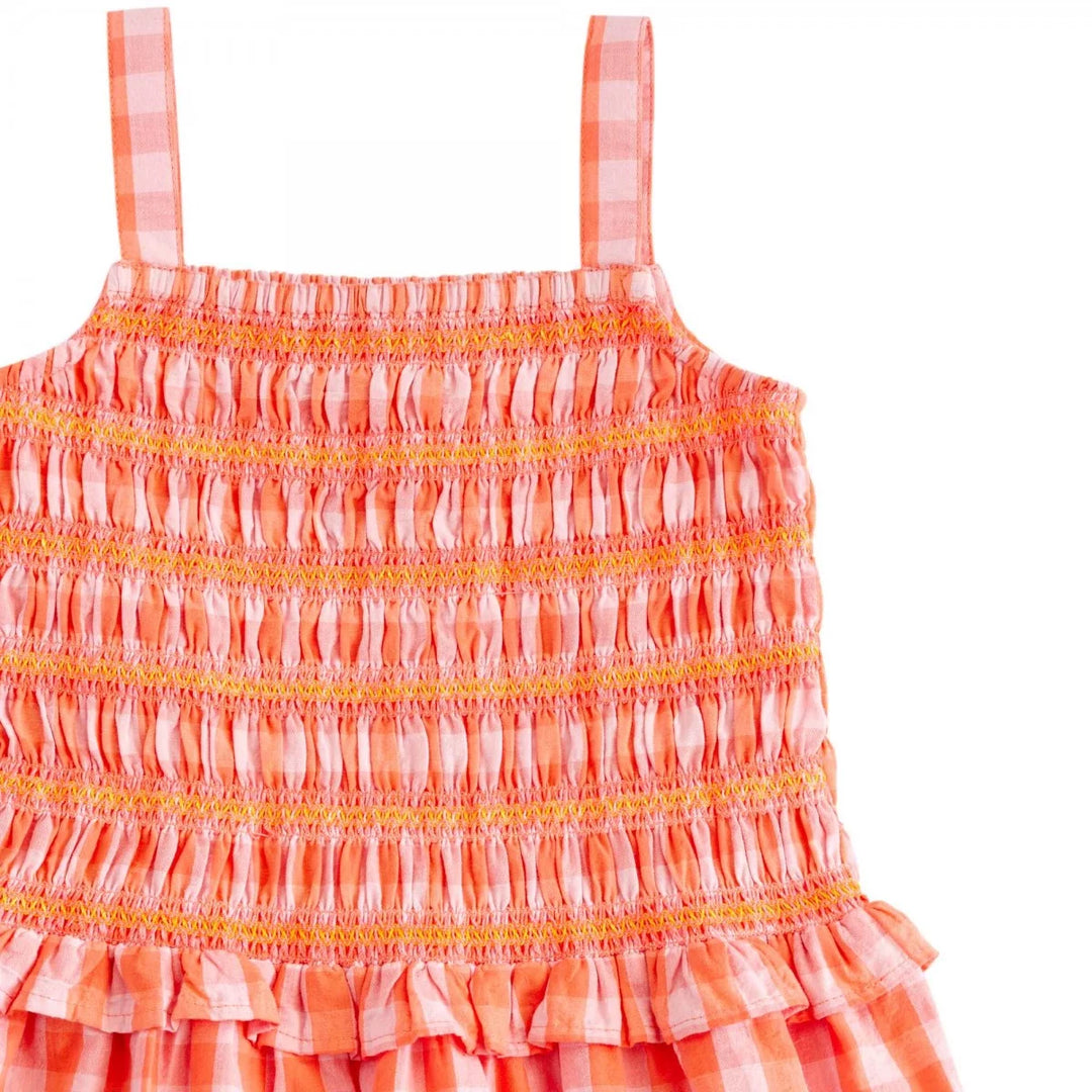 Bonheur du Jour Gaia pink gingham dress with smocked bodice and straps
