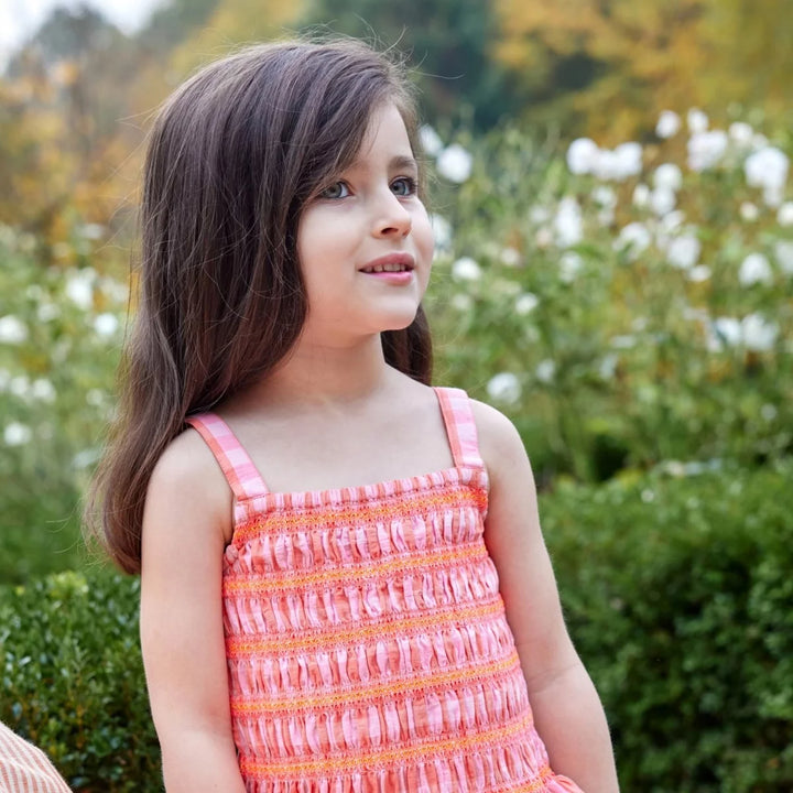 Bonheur du Jour Gaia pink gingham dress with smocked bodice and straps
