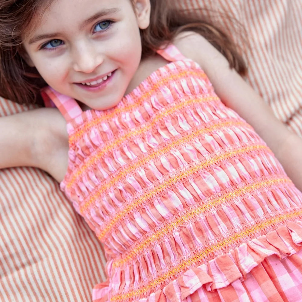 Bonheur du Jour Gaia pink gingham dress with smocked bodice and straps
