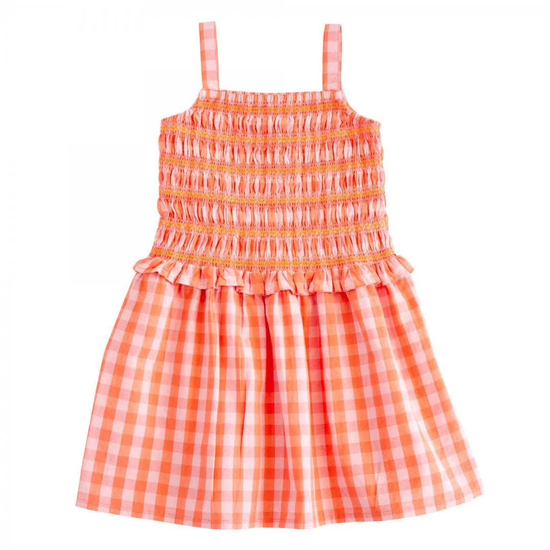 Bonheur du Jour Gaia pink gingham dress with smocked bodice and straps
