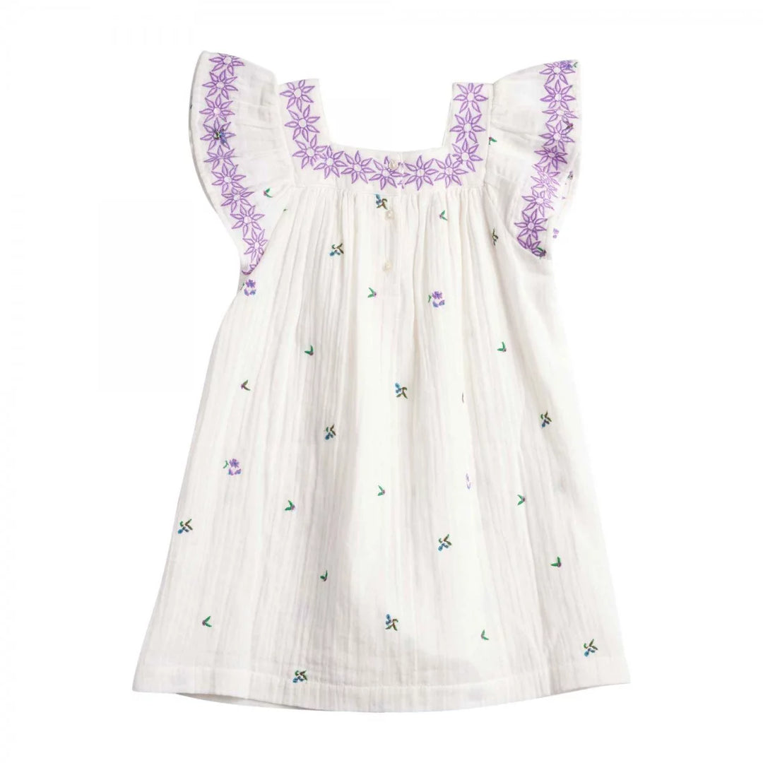 Bonheur du Jour Giverny ecru dress with embroidered neckline and ruffle sleeves
