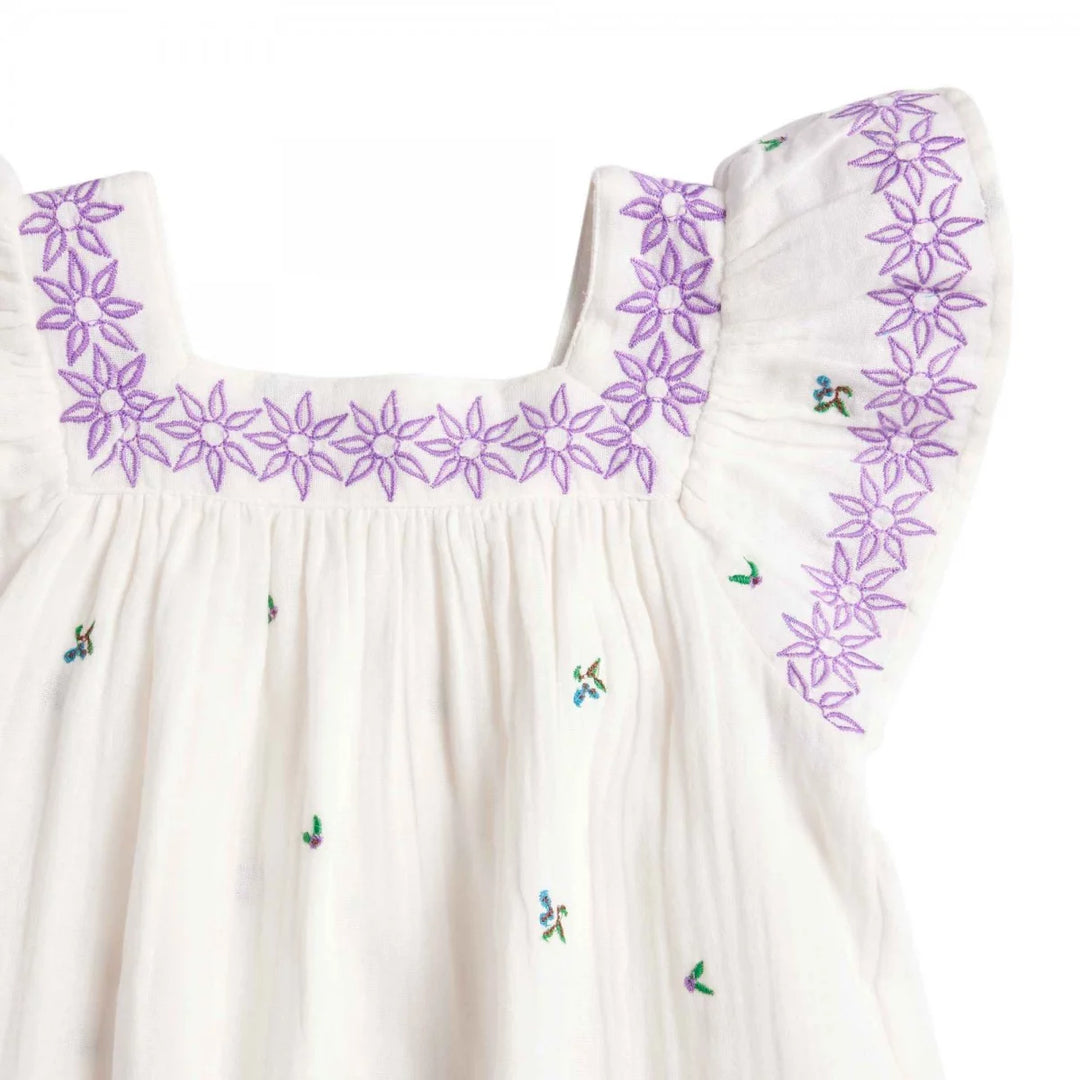 Bonheur du Jour Giverny ecru dress with embroidered neckline and ruffle sleeves
