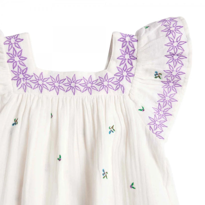 Bonheur du Jour Giverny ecru dress with embroidered neckline and ruffle sleeves
