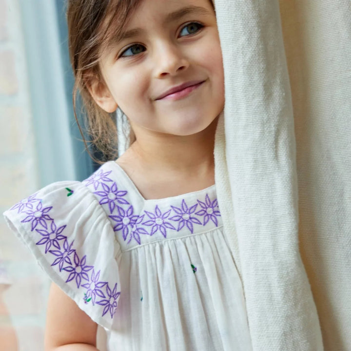 Bonheur du Jour Giverny ecru dress with embroidered neckline and ruffle sleeves
