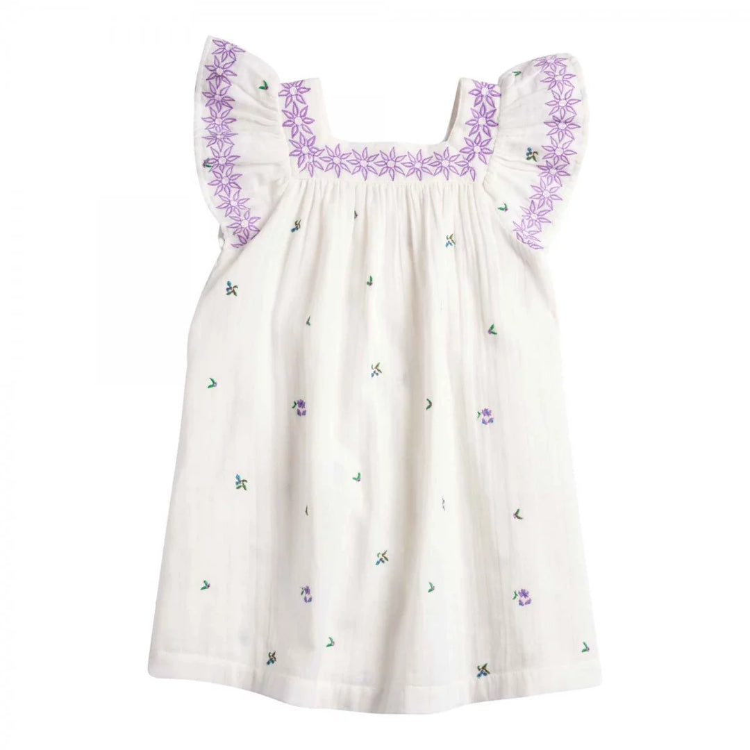 Bonheur du Jour Giverny ecru dress with embroidered neckline and ruffle sleeves
