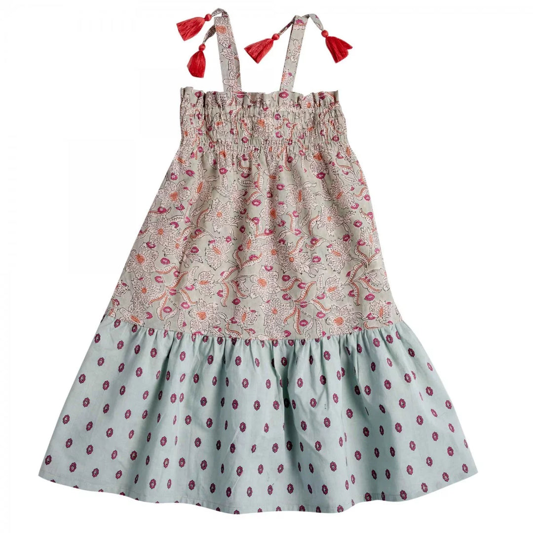 Bonheur du Jour Loriane blue dress smocked cotton tassel straps
