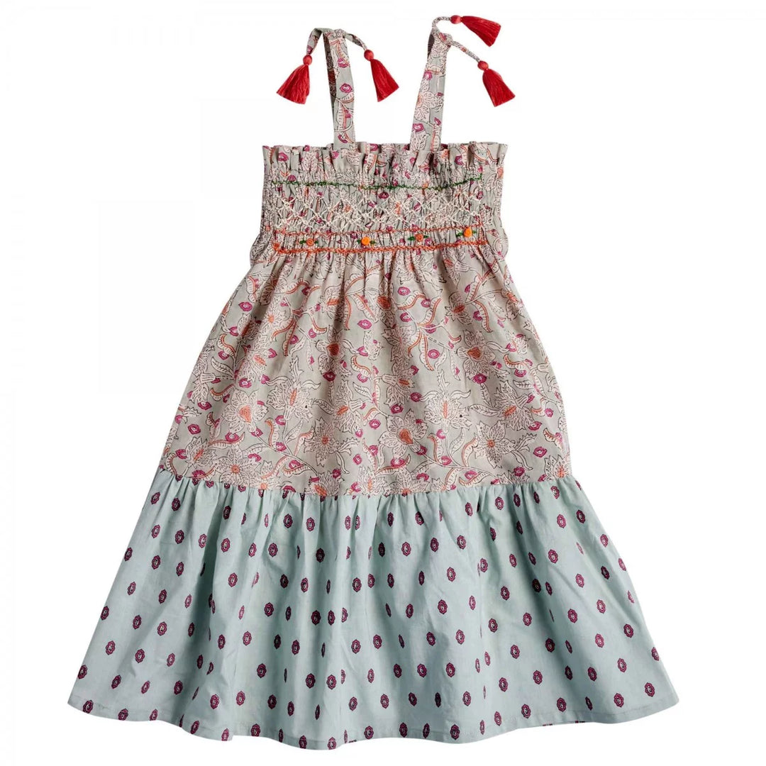 Bonheur du Jour Loriane blue dress smocked cotton tassel straps
