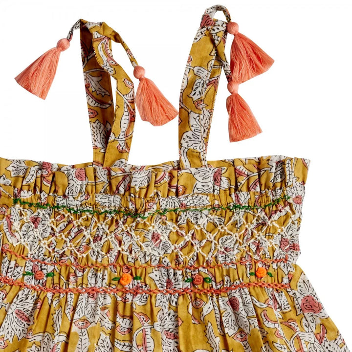 Bonheur du Jour Loriane curcuma dress smocked cotton floral tassel straps
