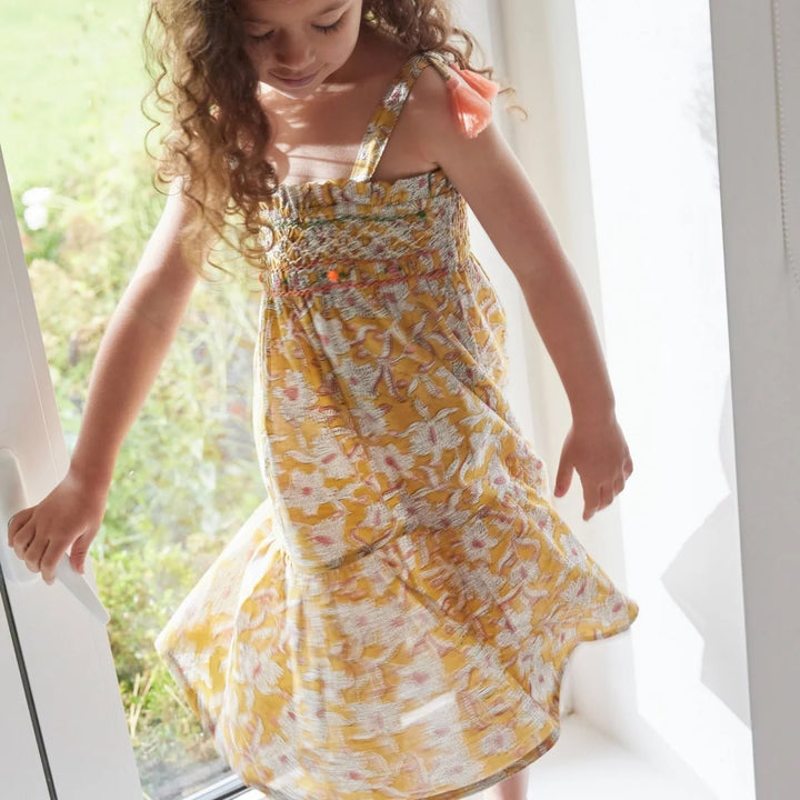Bonheur du Jour Loriane curcuma dress smocked cotton floral tassel straps
