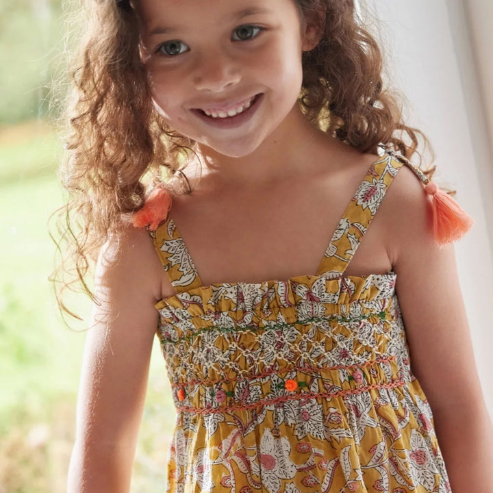 Bonheur du Jour Loriane curcuma dress smocked cotton floral tassel straps
