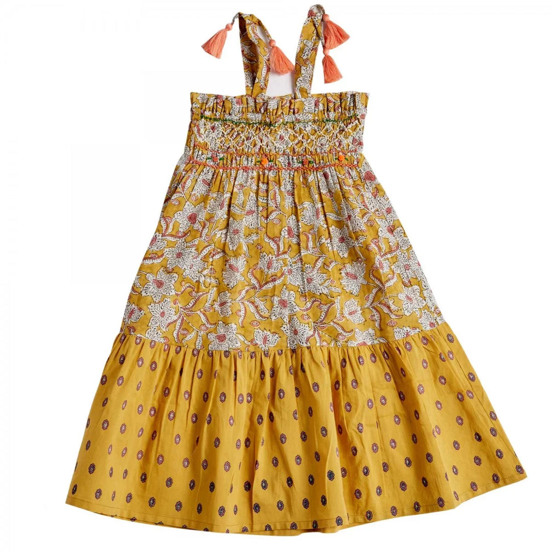 Bonheur du Jour Loriane curcuma dress smocked cotton floral tassel straps
