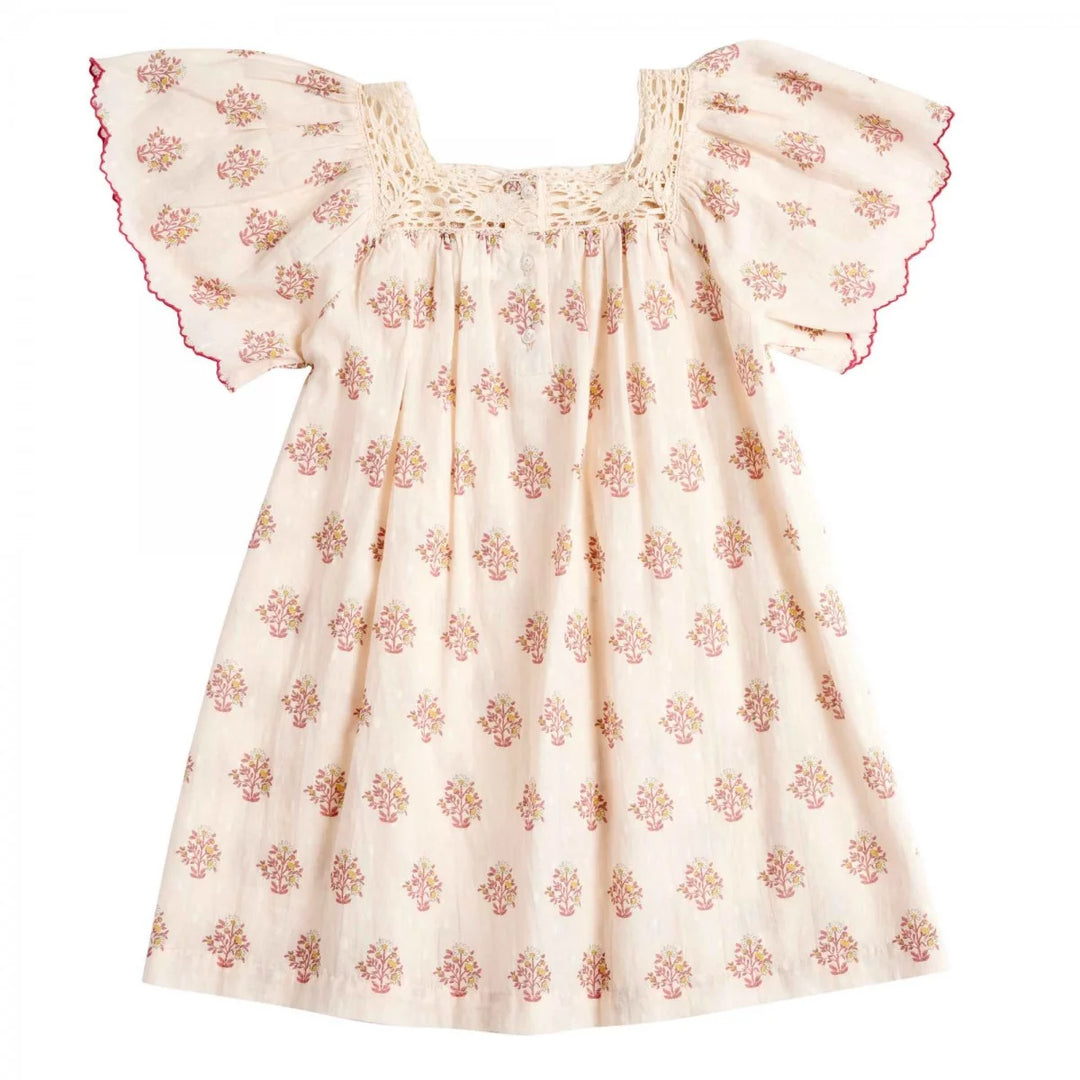 Bonheur du Jour Louisella rose dress floral cotton macrame neckline flutter sleeves
