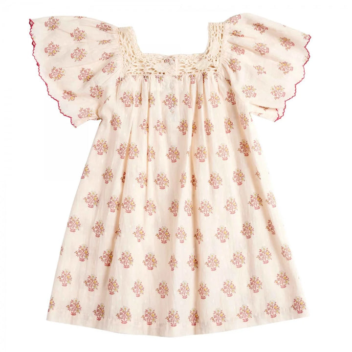Bonheur du Jour Louisella rose dress floral cotton macrame neckline flutter sleeves

