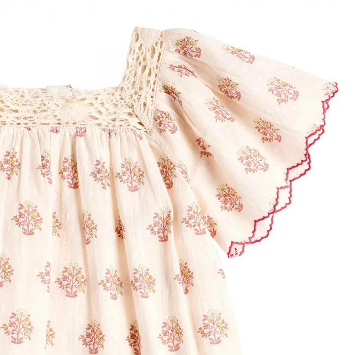 Bonheur du Jour Louisella rose dress floral cotton macrame neckline flutter sleeves
