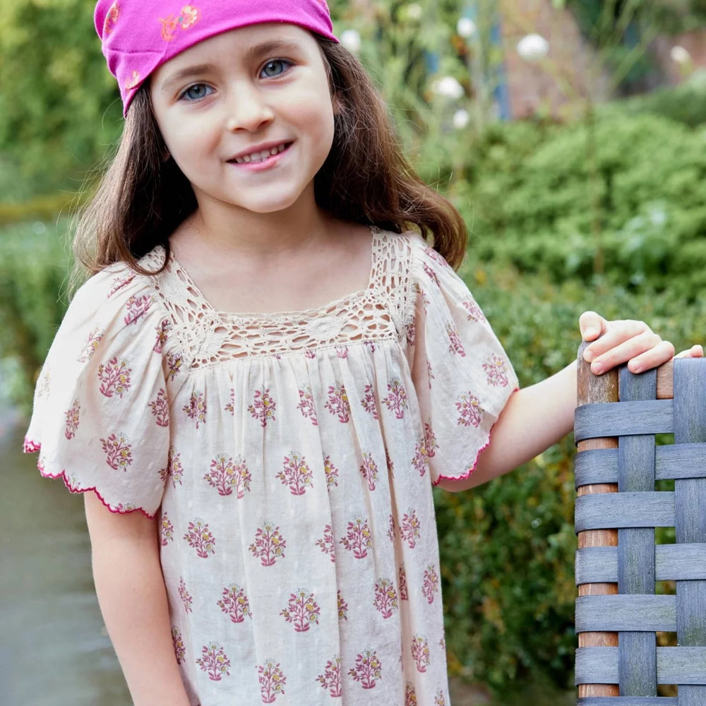 Bonheur du Jour Louisella rose dress floral cotton macrame neckline flutter sleeves
