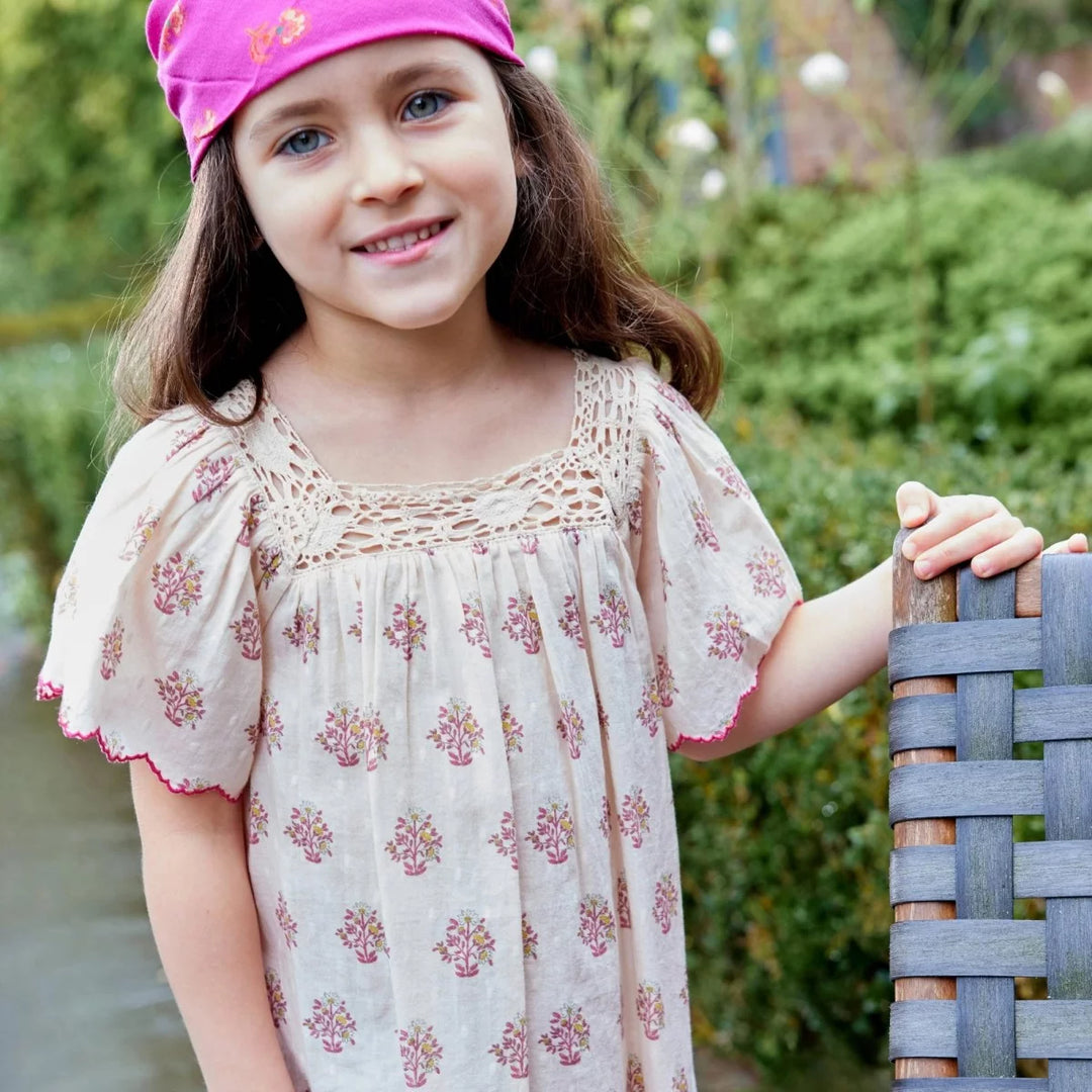 Bonheur du Jour Louisella rose dress floral cotton macrame neckline flutter sleeves
