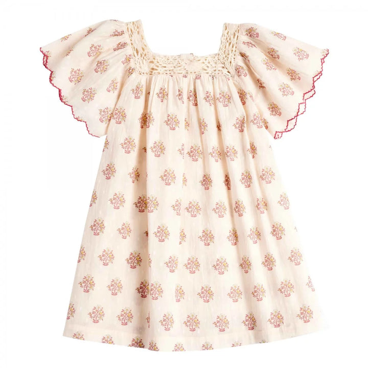 Bonheur du Jour Louisella rose dress floral cotton macrame neckline flutter sleeves
