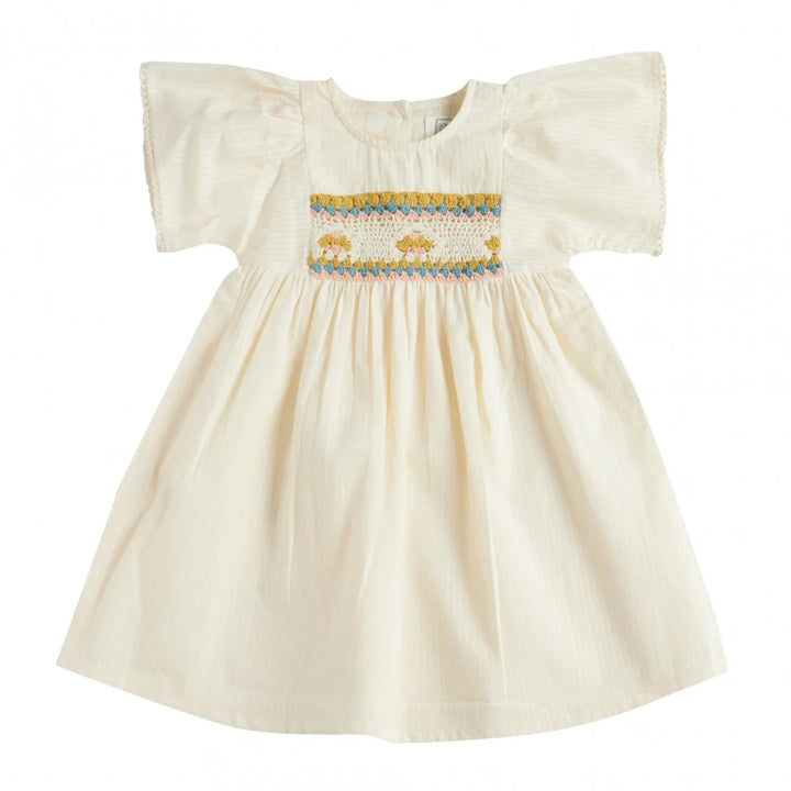 Bonheur du Jour Rosario ecru rose dress macrame bodice cotton puff sleeves
