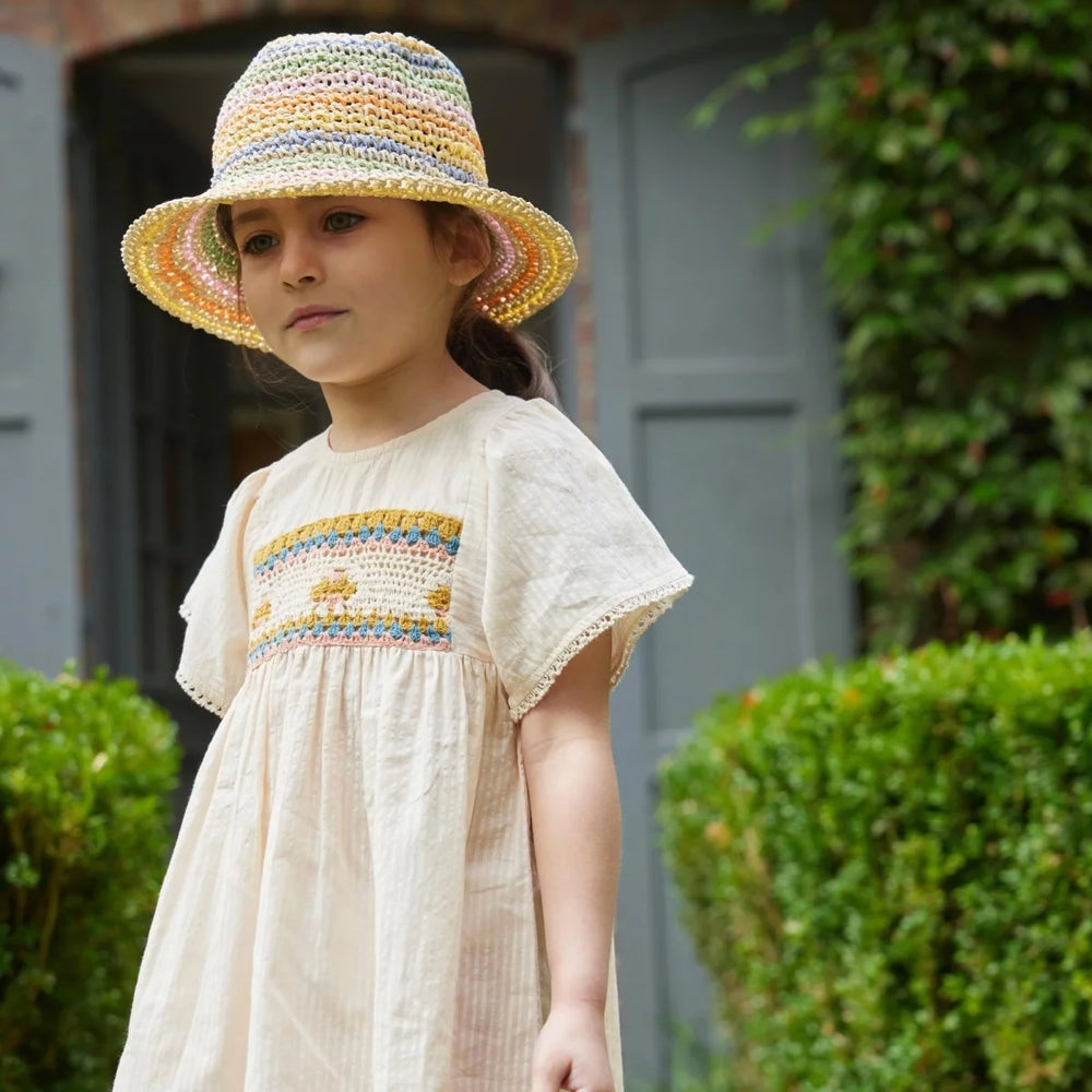 Bonheur du Jour Rosario ecru rose dress macrame bodice cotton puff sleeves
