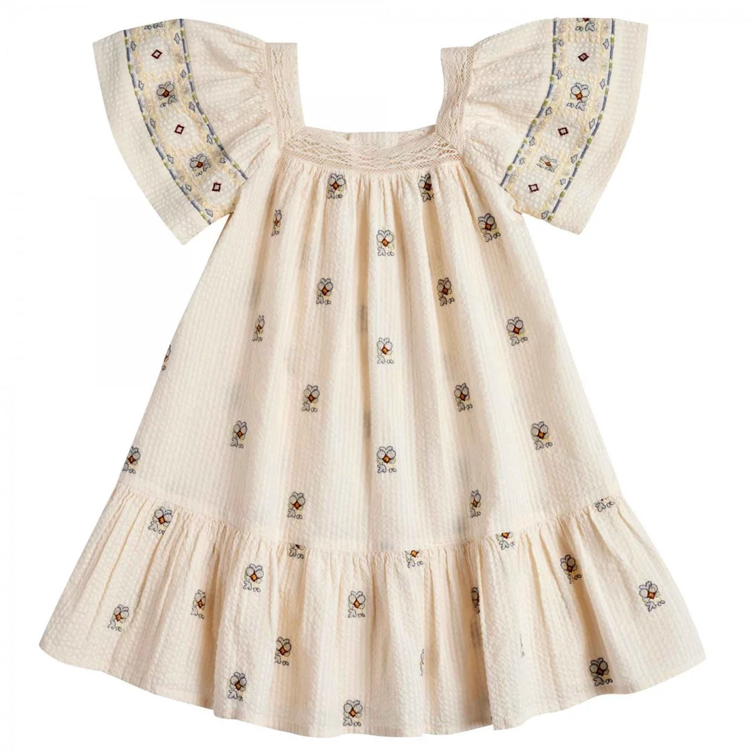 Bonheur du Jour Sybil blue dress embroidered cotton ruffle sleeves girls
