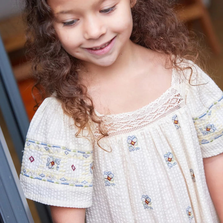 Bonheur du Jour Sybil blue dress embroidered cotton ruffle sleeves girls
