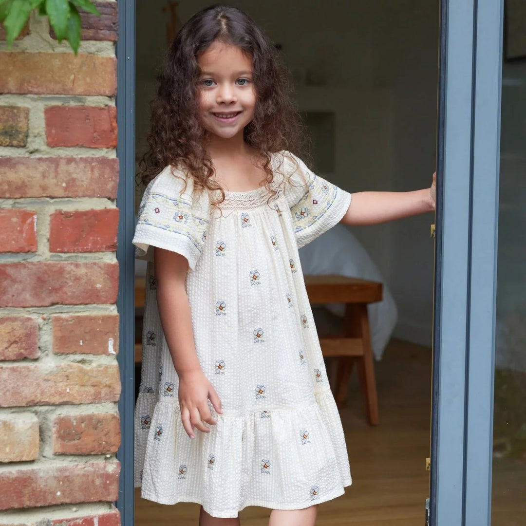Bonheur du Jour Sybil blue dress embroidered cotton ruffle sleeves girls
