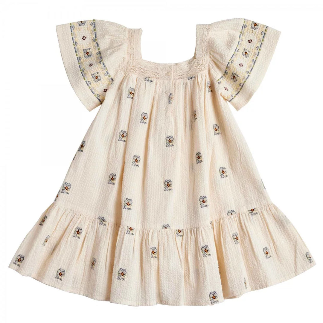 Bonheur du Jour Sybil blue dress embroidered cotton ruffle sleeves girls
